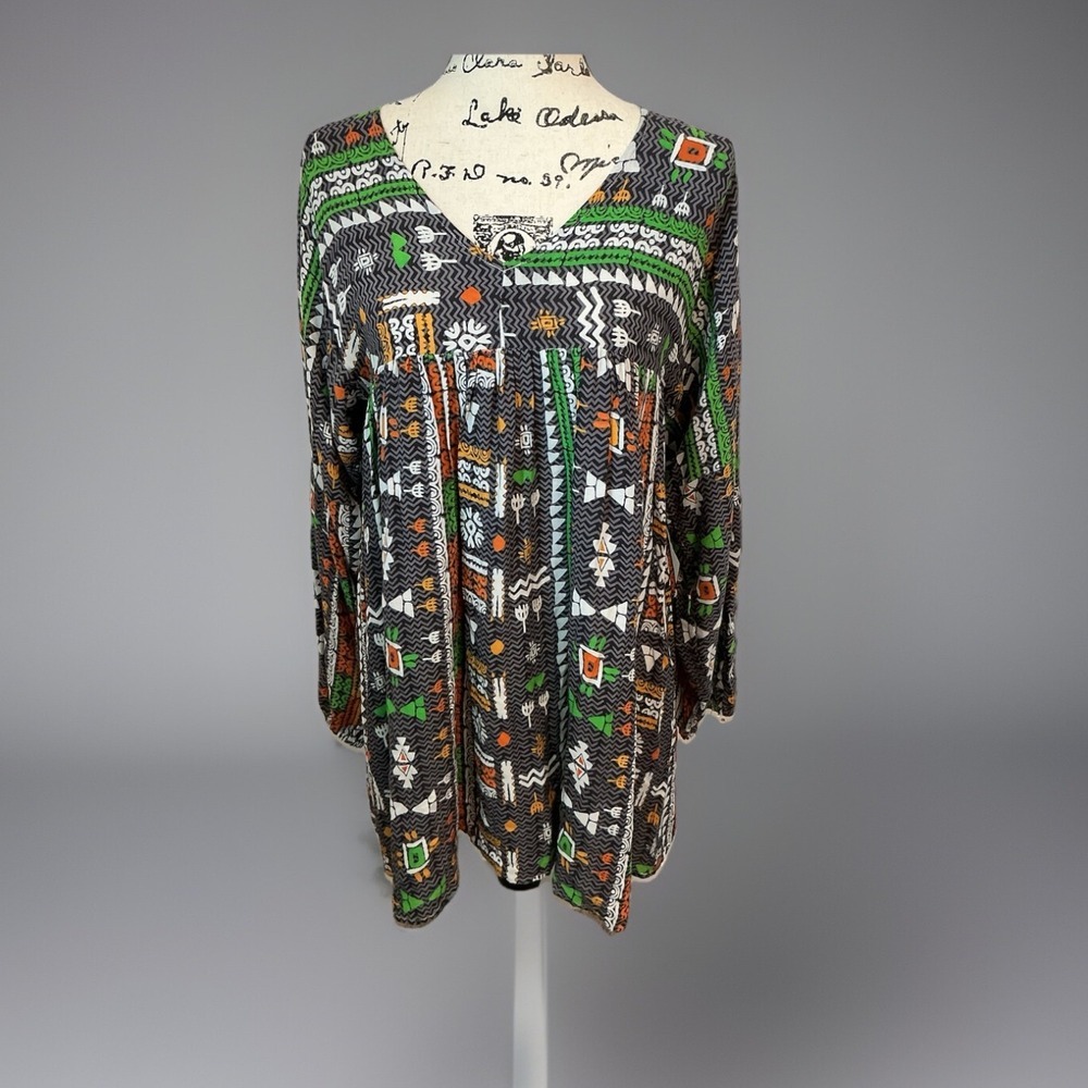 Velzera Tunic Dress Aztec Print Long Sleeve Casual Boho Festival Size S
